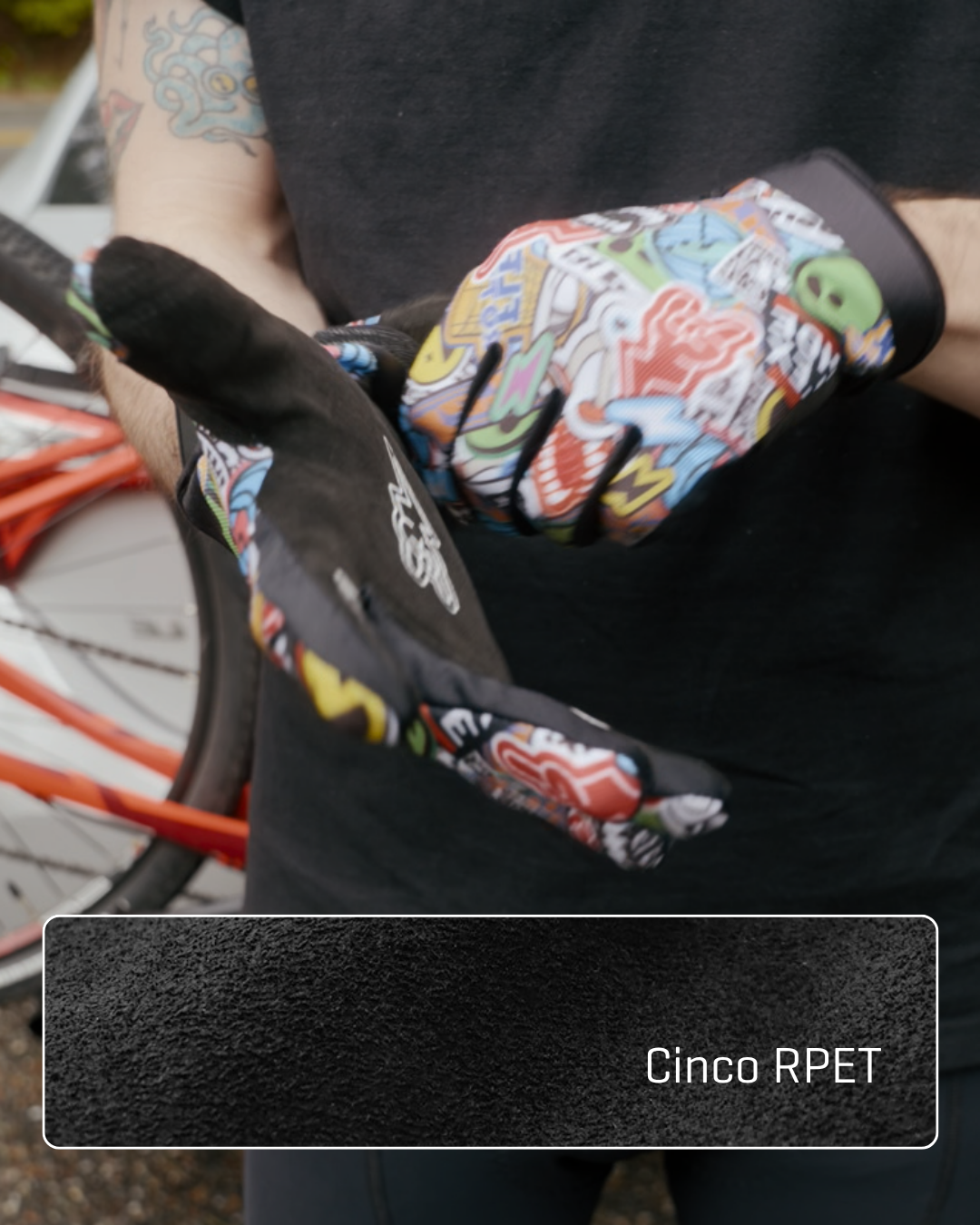Cyclist putting on a sticker-print glove made with AX Cinco RPET palm material